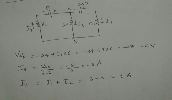 24 V 328 I 62 LI ITER b 26 - 6V Vab = -24 +3x6 =-24 + I, X6 3 Ia = Vab = -6 =-2 A 32 Iz = 1+ Iz = 3-2 3-2 = 1 A