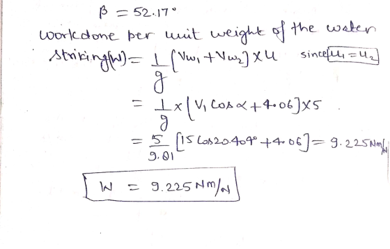 = 52.170 work done per unit weight of the water strikingling= 1 witwa] xu sincefil, = 42 - |x|V CoA +++o6]xs . = 5 [ls Co$20.