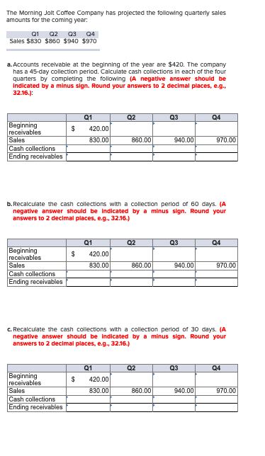 The Morning Jolt Coffee Company has projected the following quarterly sales amounts for the coming year: 01 02 03 04 Sales $8