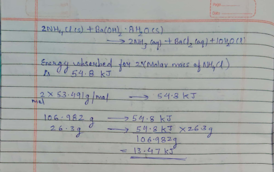 Page Date 21 Hyles) + Ba(OH), 84,0cs). > 2NH, Coop + Bally (aq) +10400 Energy Labsorbed fou 28(Molav mass of NH, ). I is 9 54