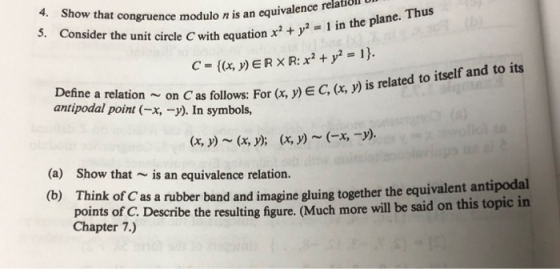 4. Show that congruence modulo n is an equivale 5. Consider the unit circle C with equation modulo n is an equivalence relati