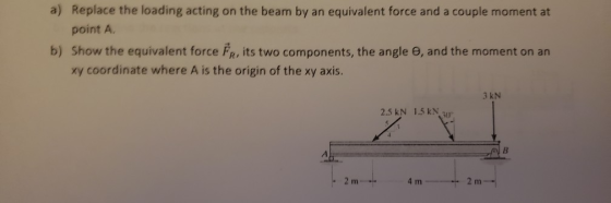a) Replace the loading acting on the beam by an equivalent force and a couple moment at point A b) Show the equivalent force