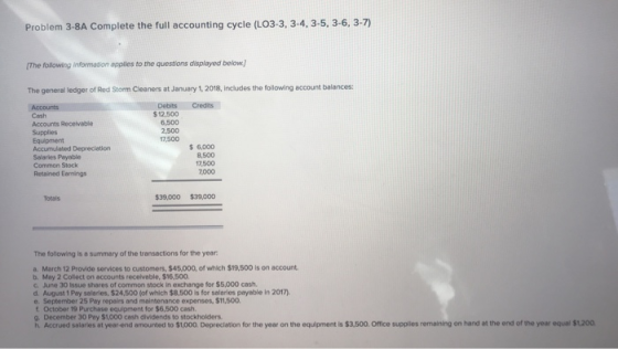 Problem 3-8A Complete the full accounting cycle (LO3-3, 3-4, 3-5, 3-6, 3-7) IThe following information applies to the questions displayed bewow. The general ledger of Red Storm Cleaners at January 1, 2018, includes the following account balances: Debits Credits $12,500 Cash Accounts Recelvable Supplies 6,500 2,500 6,000 Accumulated Depreclatiorn Salaries Payable Common Stock Retained Eamings 8,500 17500 7000 Totals $39,000 $39,000 The following is a summary of the transections for the year a. March 12 Provide services to customers, $45,000, of which $19,500 is on account b. May 2 Collect on accounts recelvable, $16,500 June 30 Issue shares of common stock in exchange for $5,000 cash. d. August 1 Pay salaries, S24,500 (of which $8,500 is for salaries payable in 2017. e. September 25 Pay repairs and maintenance expenses, $11,500 t October 19 Purchase equipment for $6,500 cash. g. December 30 Pay $1,000 cash dividends to stockholders h. Accrued salaries at year-end amounted to $1,000. Depreciation for the year on the equipment is $3,500. Office supplies remaining on hand at the end of the year equal stao