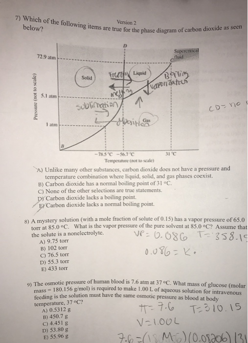 7) Which of the following items are true for the p below? Version 2 are true for the phase diagram of carbon dioxide as seen