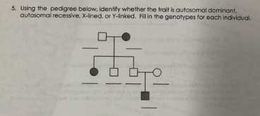 5. Using the pedigree below, identity whether the trois autosomal dominant autosomal recessive, X-lined, or Y-linked. Fil in