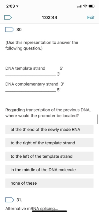 2:037 . 1:02:44 Exit 30. (Use this representation to answer the following question.) DNA template strand 5 3 DNA complementa