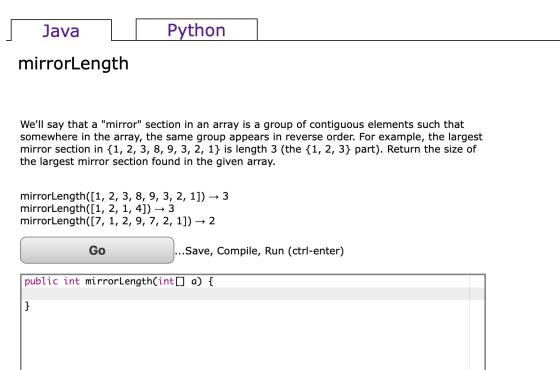 Java Python mirrorLength Well say that a mirror section in an array is a group of contiguous elements such that somewhere
