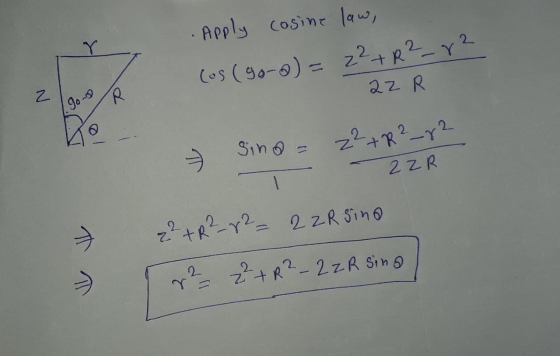 .Apply cosine law, (os (go-a) = z² + R²_82 22 R 2 go R -82 Sins = 22 -+R2 2ZR 2²+R²_r2 _ 2 ZR sino + R² - 2 z R sing 22 = 22