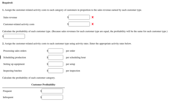 Required: 1. Assign the customer-related activity costs to each category of customers in proportion to the sales revenue earn