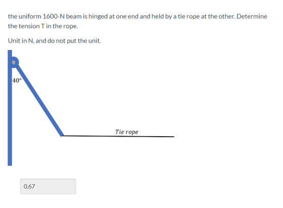 the uniform 1600-N beam is hinged at one end and held by a tie rope at the other. Determine the tension T in the rope. Unit i