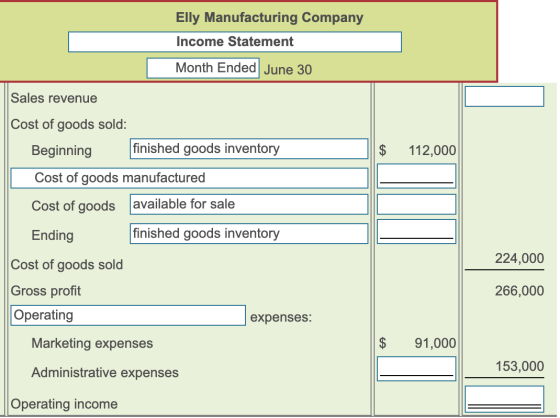 Elly Manufacturing Company Income Statement Month Ended June 30 Sales revenue Cost of goods sold: Beginning finished goods in
