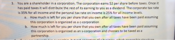 3. You are a shareholder in a corporation. The corporation earns $2 per share before taxes. Once it has paid taxes it will di