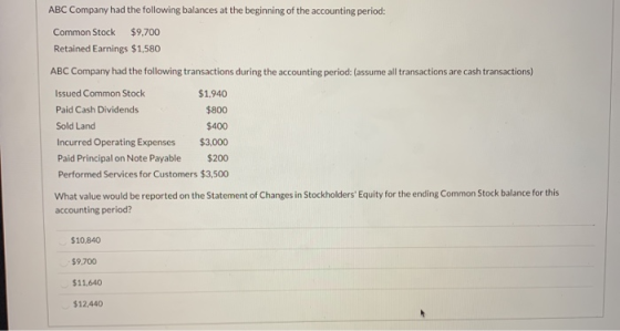 ABC Company had the following balances at the beginning of the accounting period: Common Stock $9,700 Retained Earnings $1,58