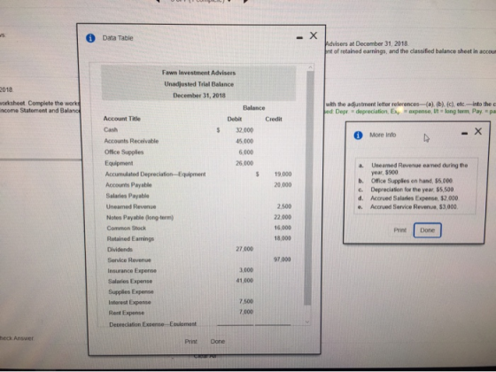 Data Table Advisers at December 31, 2018 bint of retained earnings, and the classified balance sheet in accoun 2018 worksheet