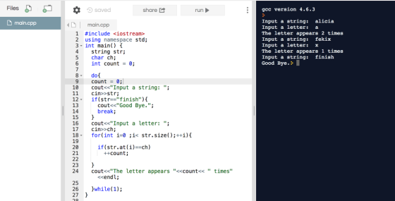 Files saved share gcc version 4.6.3 Input a string alicia Input a letter: a The letter appears 2 times Input a string: fekix