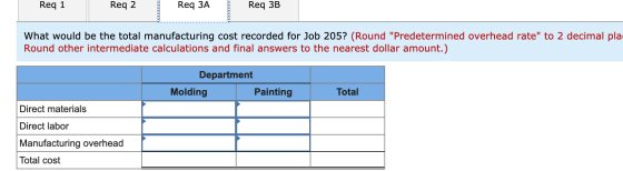 Req 1 Reg 2 Req ЗА Req 3B What would be the total manufacturing cost recorded for Job 205? (Round Predetermined overhead rat
