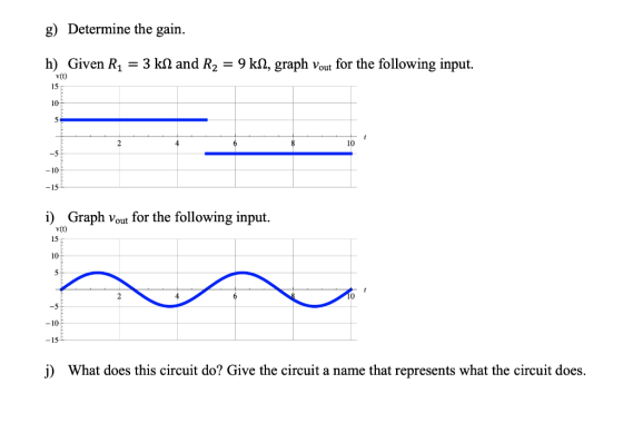 g) Determine the gain. h) Given R1 = 3 kN and R2 = 9 kl, graph Vout for the following input. 10 i) Graph Vout for the followi