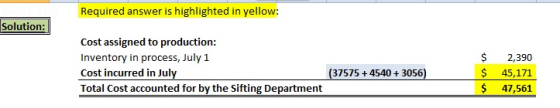 Required answer is highlighted in yellow Solution: Cost assigned to production: Inventory in process, July 1 Cost incurred in July Total Cost accounted for by the Sifting Department $ 2,390 $ 45,171 $ 47,561 (37575 + 45403056)