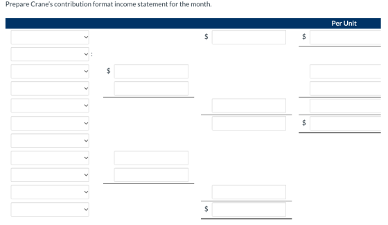 Prepare Cranes contribution format income statement for the month. Per Unit $ $ : $ $ < < $