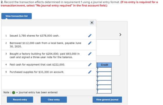 2. Record the transaction effects determined in requirement 1 using a journal entry format. (If no entry is required for a tr
