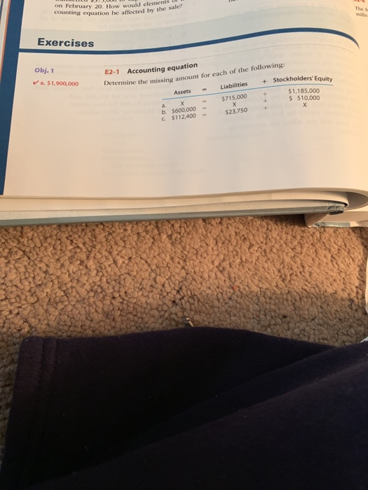on Pehruary 20. How would element counting equation be affected by the saler The f Exercises obj. 1 E2-1 Accounting equation