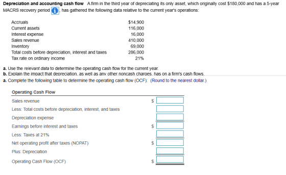 Depreciation and accounting cash flow A firm in the third year of depreciating its only asset, which originally cost $180,000