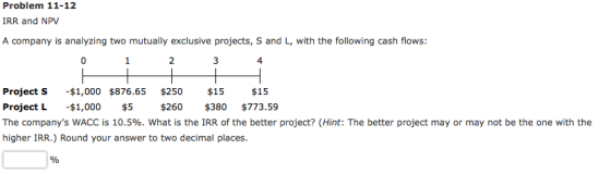 Problem 11-12 IRR and NPV A company is analyzing two mutually exclusive projects, S and L, with the following cash flows: 1 3