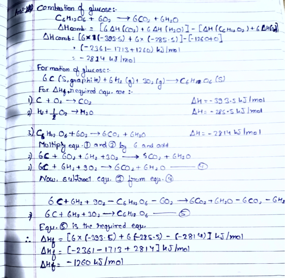 molt combtestion de glucose: C6H₂O6 + 60₂ 600 + 6H₂O _AH.comb. : [GAH (CO2) +GAH (H20)]- [AH ICC His Og )+6 Aurel A H comb: [