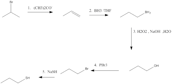 Br 1. (CH3)2Co 2. BH3 /THF BH2 3. H202,NaOH H20 4. PBr3 он Br 5. NaSH . SH