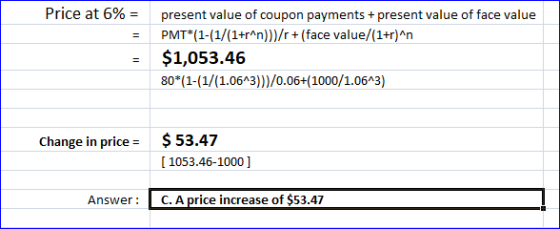 Price at 6% = present value of coupon payments + present value of face value PMT*(1-(1/(1+r^n)}}/r+ (face value/(1+r)^n $1,05