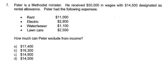7. Peter is a Methodist minister. He received $50,000 in wages with $14,500 designated as rental allowance. Peter had the fol