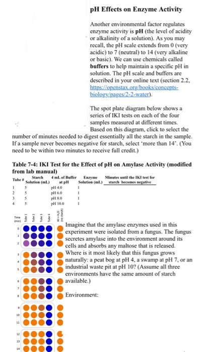 pH Effects on Enzyme Activity Another environmental factor regulates enzyme activity is pH (the level of acidity or alkalinit