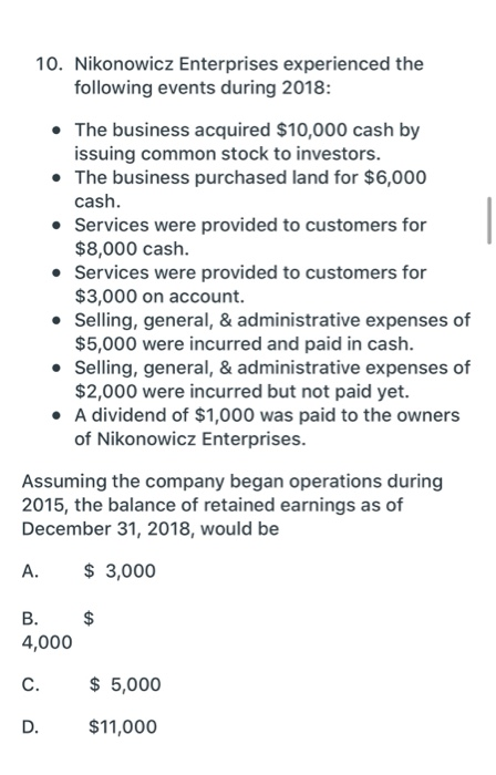 10. Nikonowicz Enterprises experienced the following events during 2018: • The business acquired $10,000 cash by issuing comm