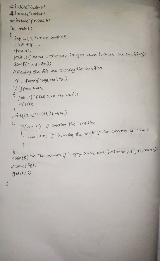 #include stdio.h #include conio.h #include process. int main ) int a, i, n, sum = 0; count=0 FILE *fpi.- Clyscy printf(en
