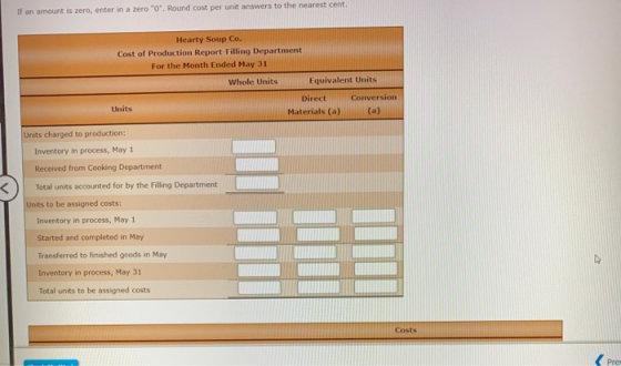 If an amount is zero, enter in a zero 0. Round cost per unit answers to the nearest cent. Hearty Soup Co. Cost of Productio