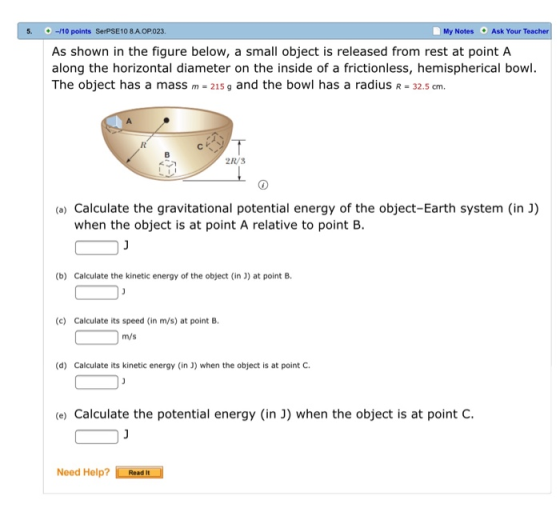 5. -110 points SerPSE10 8.A.OP.023. My Notes Ask Your Teacher As shown in the figure below, a small object is released from r