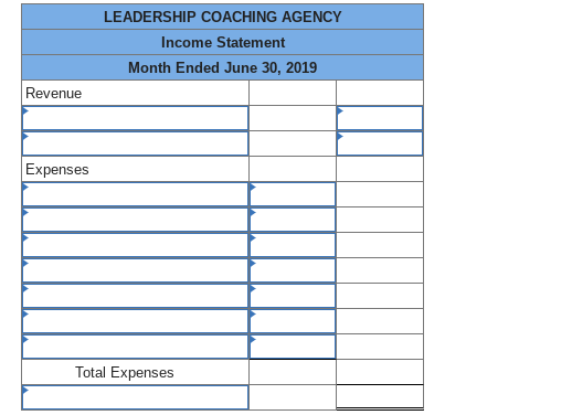 LEADERSHIP COACHING AGENCY Income Statement Month Ended June 30, 2019 Revenue Expenses Total Expenses