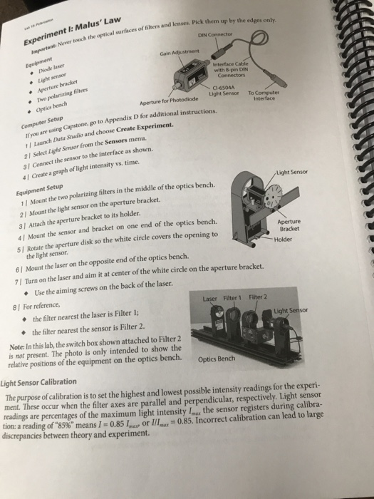 Experiment I: Malus Law Important: Never touch the optical surfaces of filters and lenses. Pick them up by the edges only. D