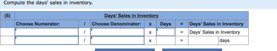 Compute the days sales in inventory. (5) Days Sales in Inventory Choose Numerator: I Choose Denominator: x Days = = х Days