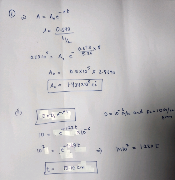 λ = 0.643 0.613 x? sien 143 t - lo83 b In lot = 1.23 0 e. -) t= 13-10 cm