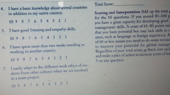 Total Score: 4. I have a basic knowledge about several countries in addition to my native country. 10 9 8 7 6 5 4 3 2 1 5. I