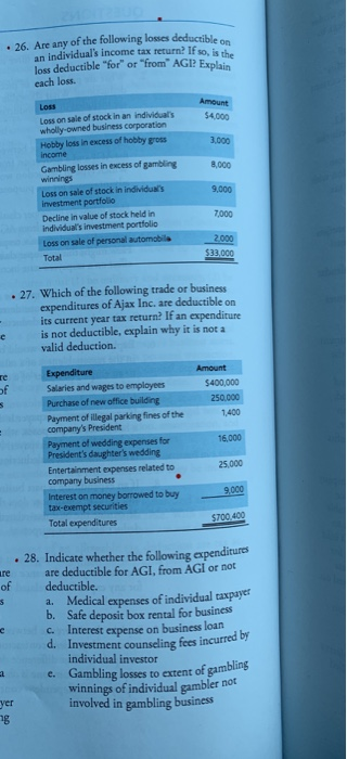 26. Are any of the following losses deductible an individuals income tax return? If so, ish loss deductible for or from