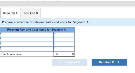 Required A Required B Prepare a schedule of relevant sales and costs for Segment A. Relevant Rev. and Cost items for Segment
