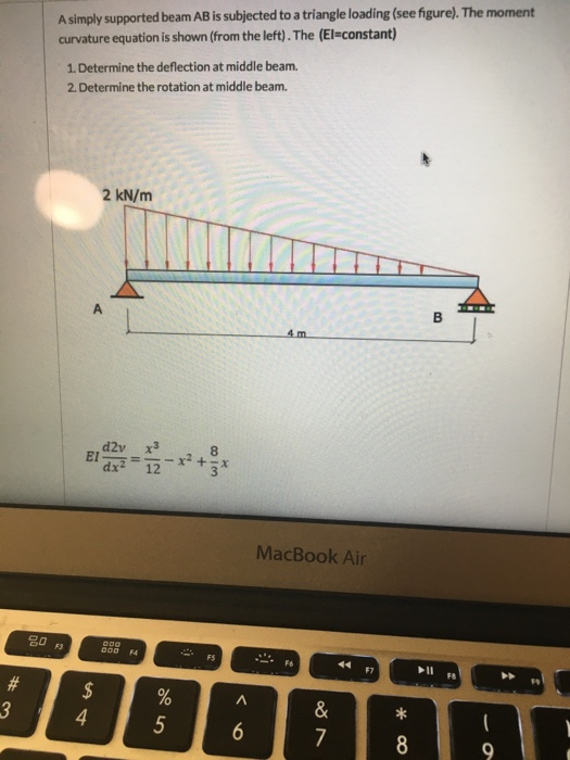 A simply supported beam AB is subjected to a triangle loading (see figure). The moment curvature equation is shown (from the