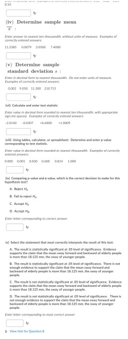 (iv) Determine sample mean Ernest without me correctly entered answers 11.238500030500 7.4000 (v) Determine sample standard d