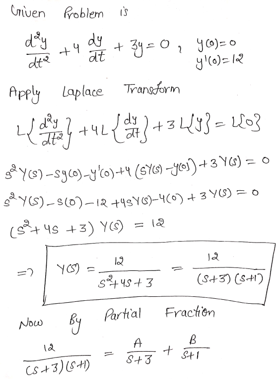 Given Problem is dy +4 dy at + 3y = 0, 900)=0 dta y (0-12 data Apply Laplace Transform day { +44 +3493 – 2003 gely (8) -s960)