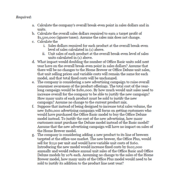 Required: a. Calculate the companys overall break-even point in sales dollars and in units. b. Calculate the overall sales d