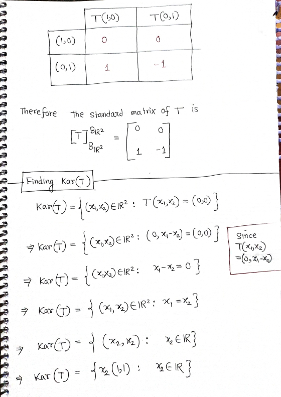 T(10) T(0,1) (10) o 0 (0,1) -1 1 Therefore the standard matrix of T is Q 0 0 BIR? [T] BIR² = 1 -1 . { since T(x1,2) =(0,21-23