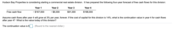 Hudson Bay Properties is considering starting a commercial real estate division. It has prepared the following four-year fore