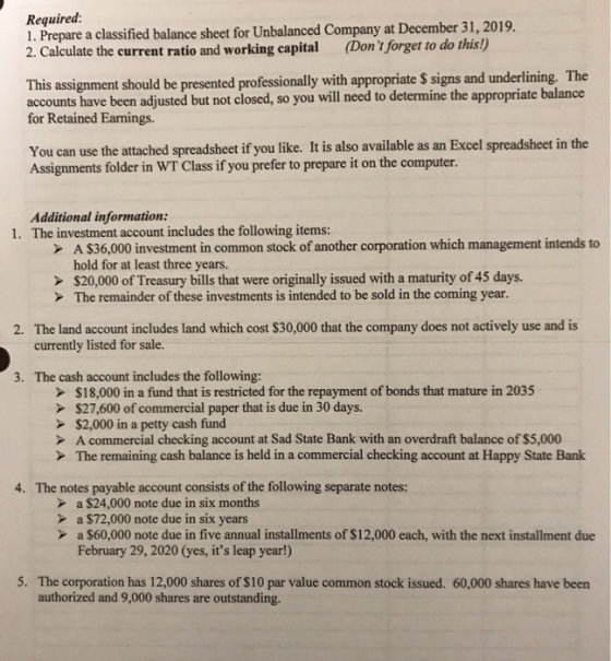 Required: 1. Prepare a classified balance sheet for Unbalanced Company at December 31, 2019. 2. Calculate the current ratio a